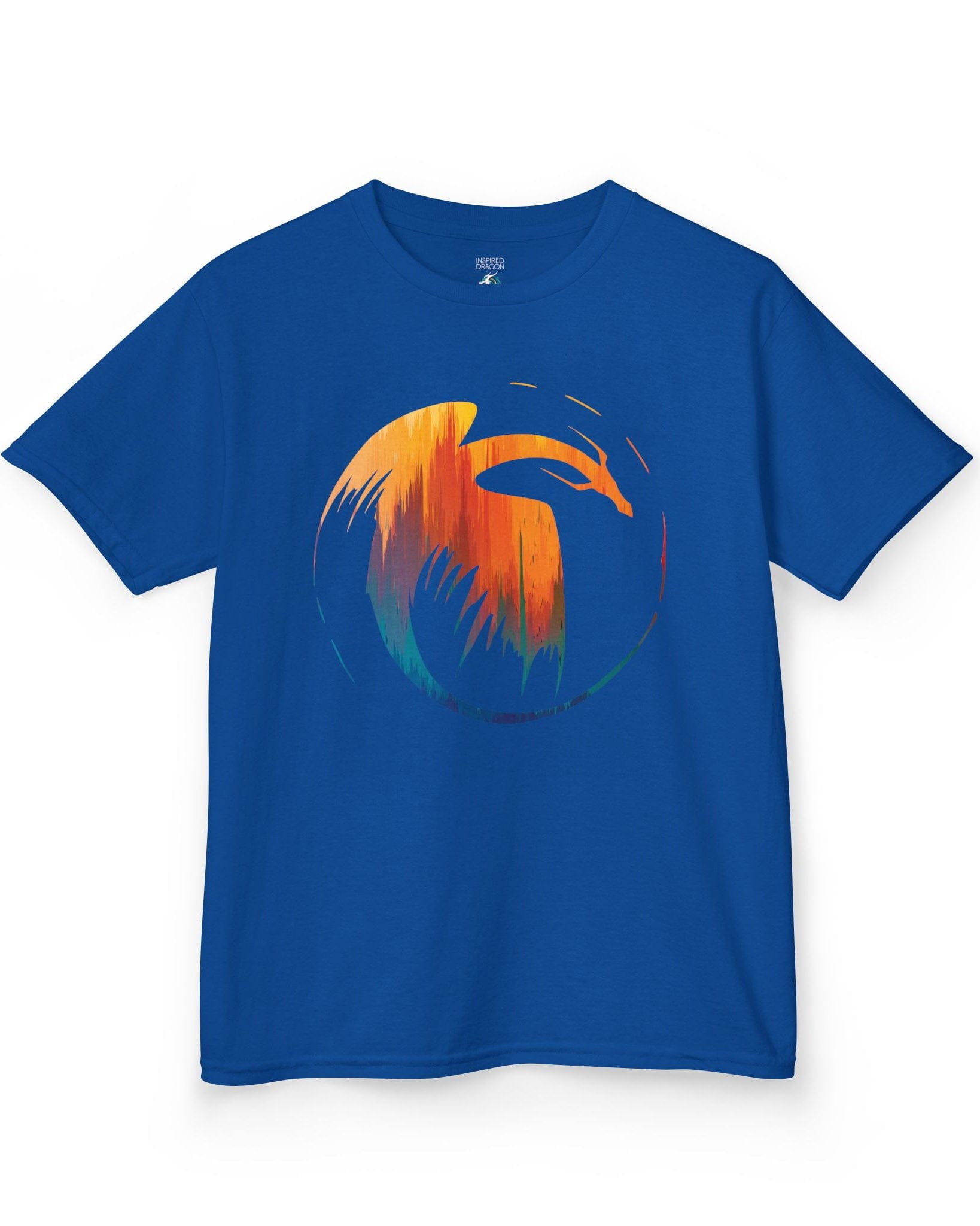 Dawn's Arc shirt in royal blue featuring a vibrant abstract dragon silhouette in warm sunset tones.