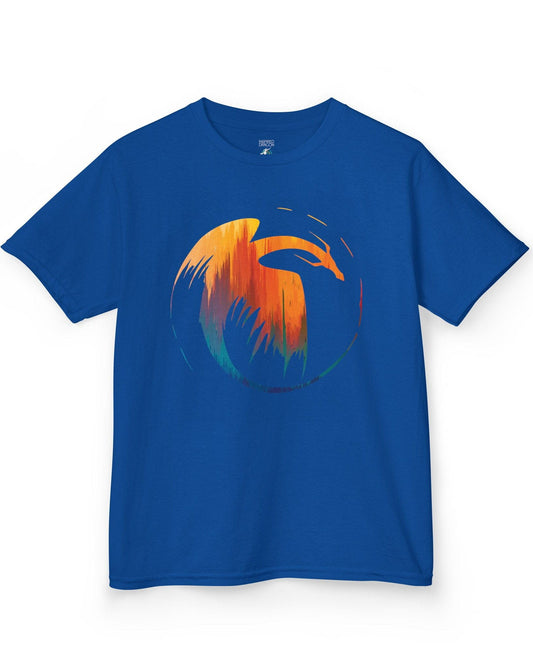 Dawn's Arc shirt in royal blue featuring a vibrant abstract dragon silhouette in warm sunset tones.