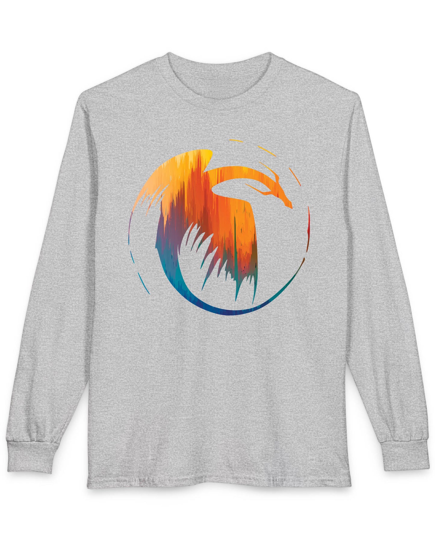 Dawn's Arc shirt in sport grey featuring a vibrant abstract dragon silhouette in warm sunset tones.