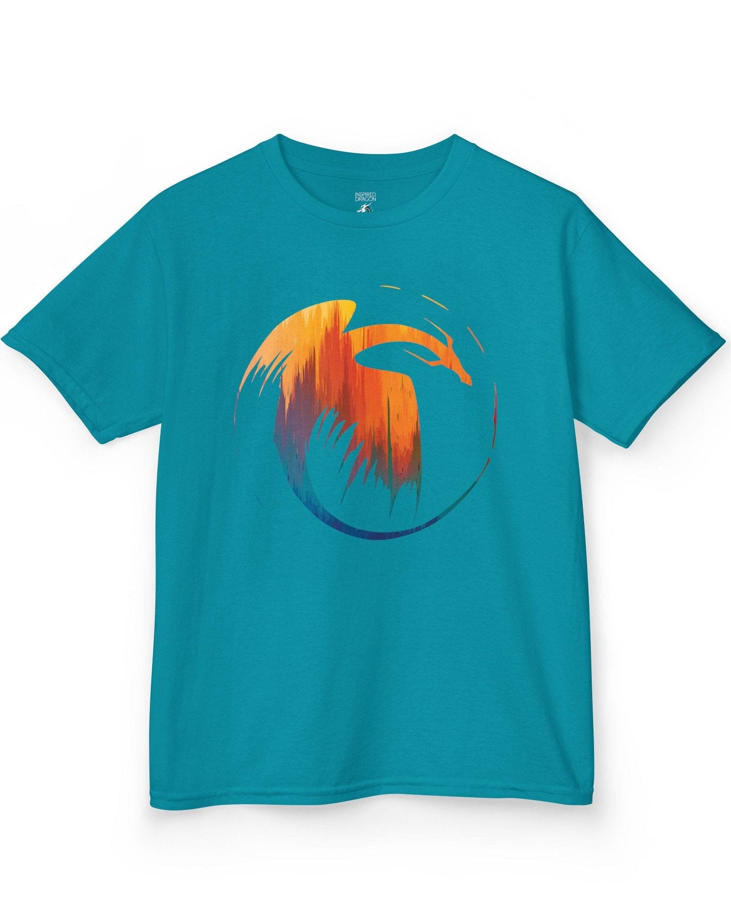 Dawn's Arc shirt in tropical blue featuring a vibrant abstract dragon silhouette in warm sunset tones.