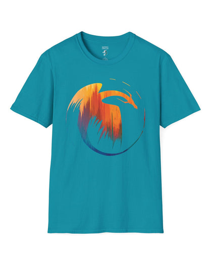 Dawn's Arc shirt in tropical blue featuring a vibrant abstract dragon silhouette in warm sunset tones.