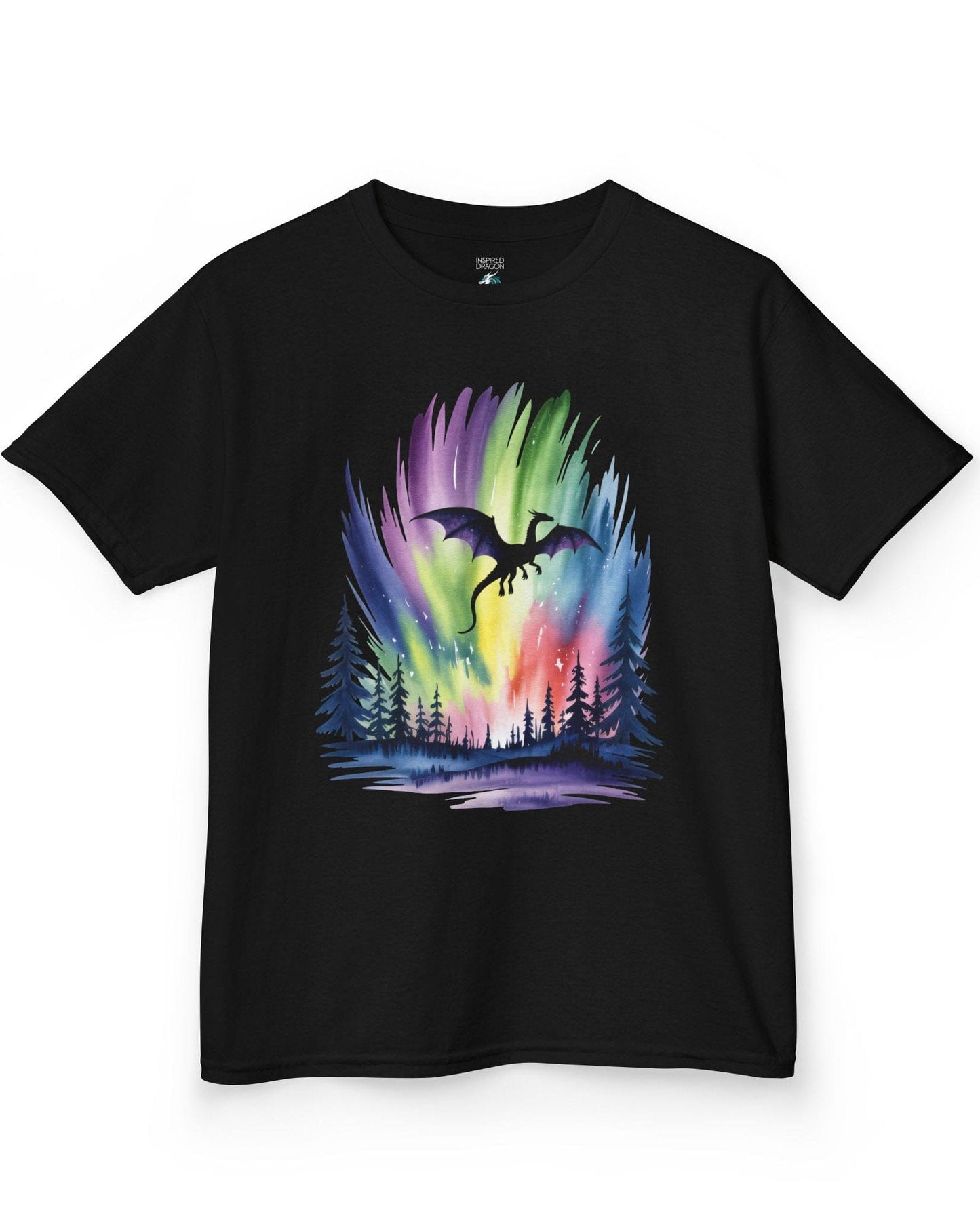 Sky of Dreams shirt in black featuring a dragon silhouette soaring above a vibrant, colorful aurora forest scene.