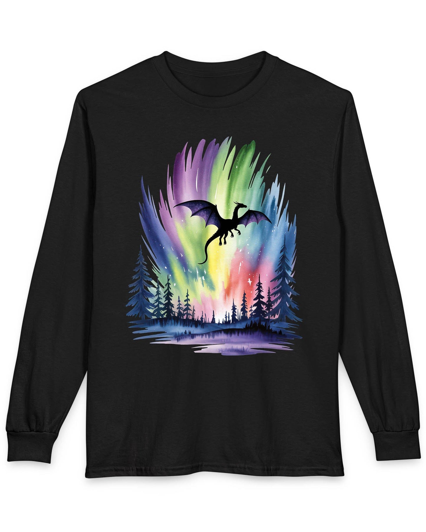 Sky of Dreams shirt in black featuring a dragon silhouette soaring above a vibrant, colorful aurora forest scene.