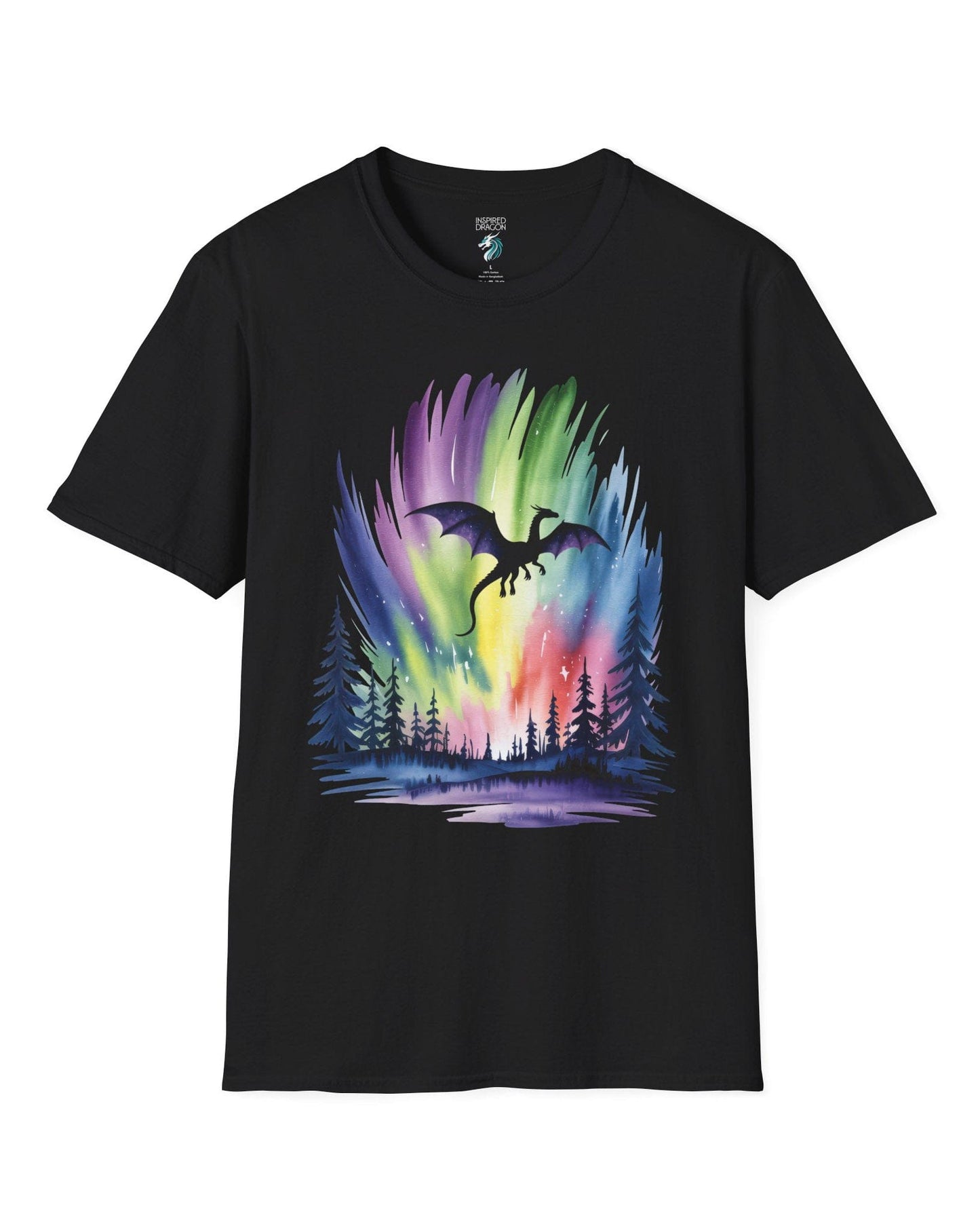 Sky of Dreams shirt in black featuring a dragon silhouette soaring above a vibrant, colorful aurora forest scene.