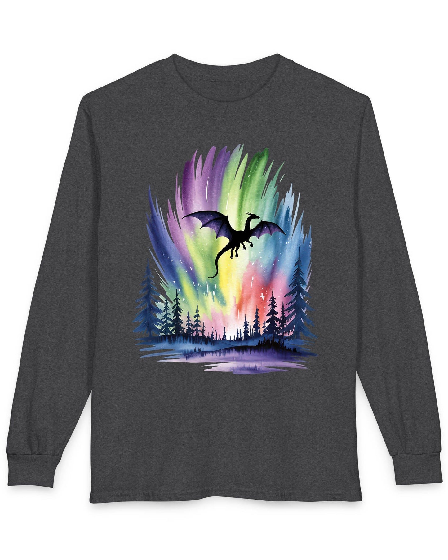 Sky of Dreams shirt in dark heather grey featuring a dragon silhouette soaring above a vibrant, colorful aurora forest scene.