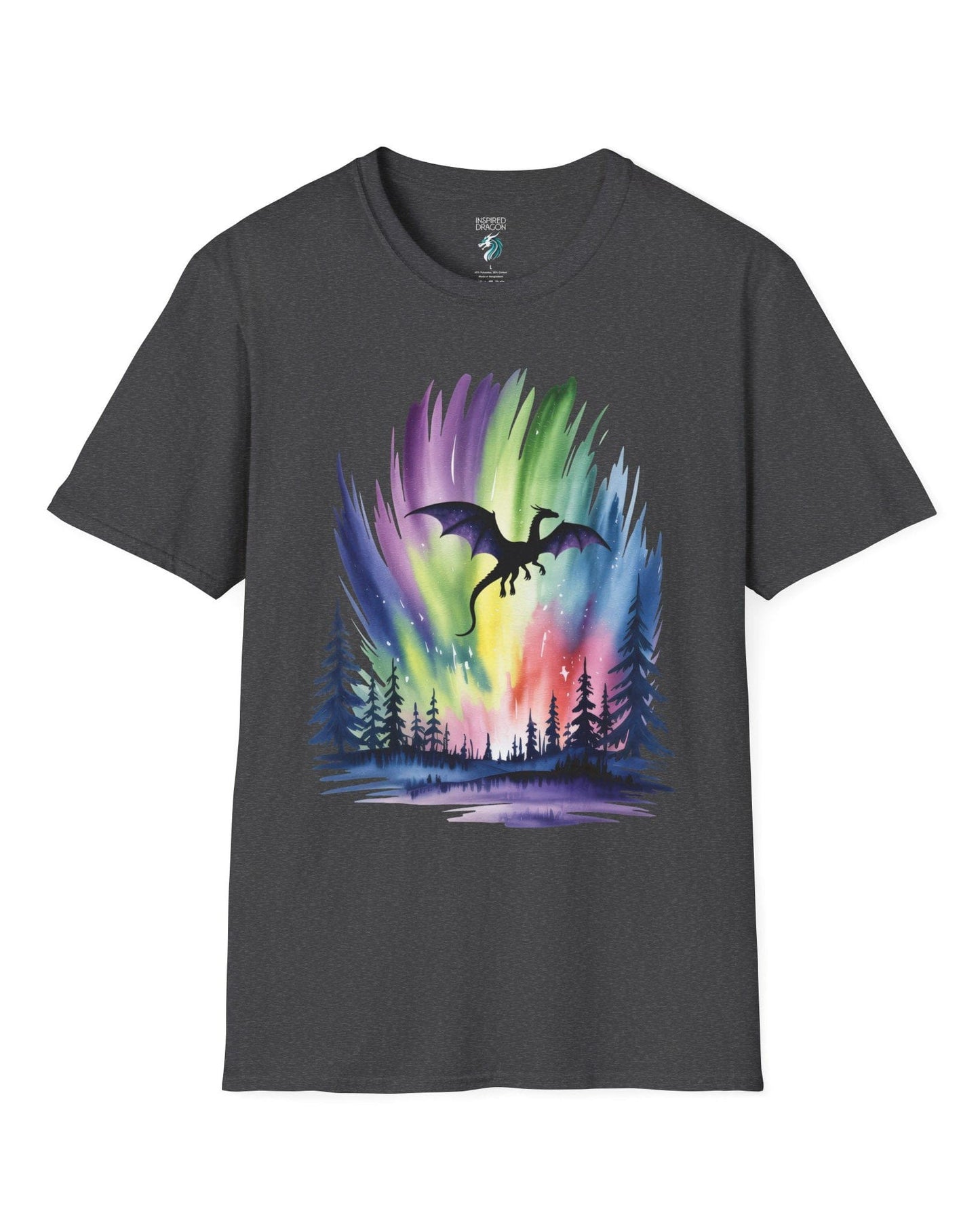 Sky of Dreams shirt in dark heather grey featuring a dragon silhouette soaring above a vibrant, colorful aurora forest scene.