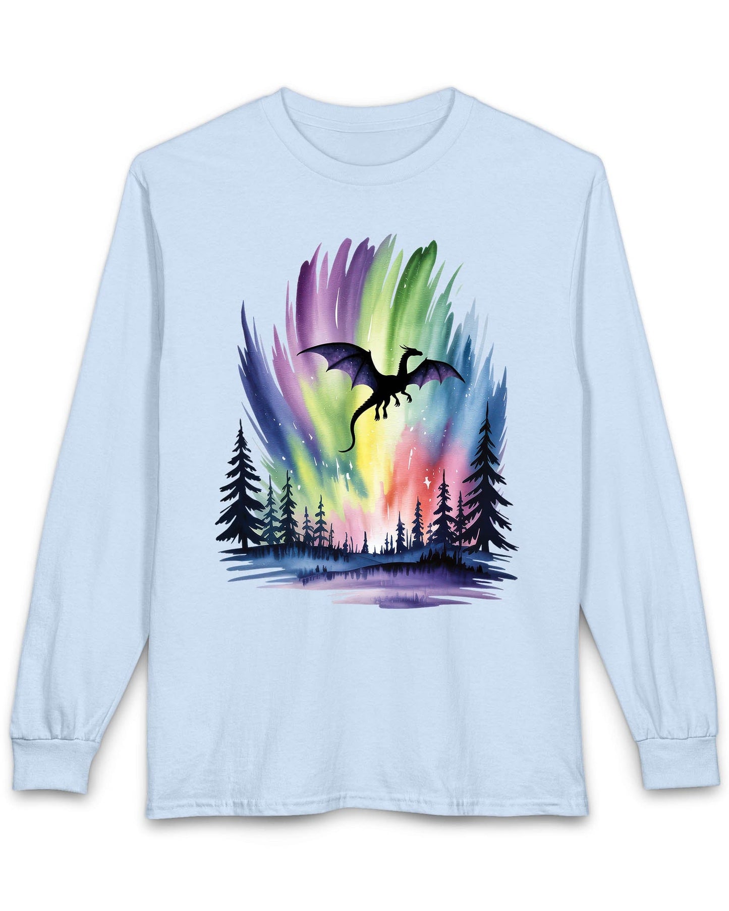 Sky of Dreams shirt in light blue featuring a dragon silhouette soaring above a vibrant, colorful aurora forest scene.