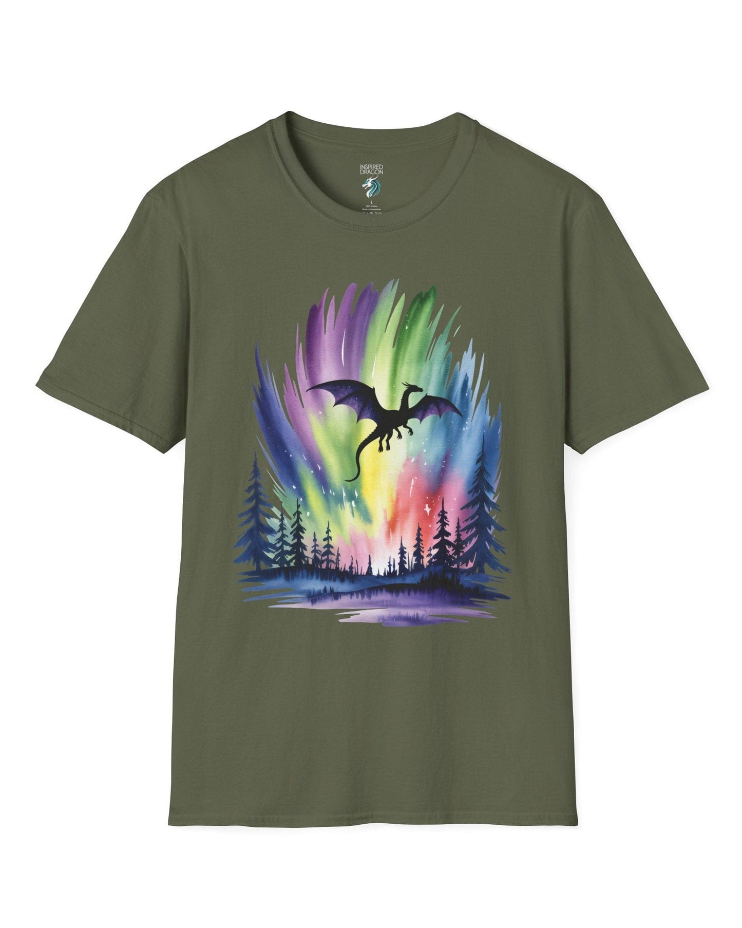 Sky of Dreams shirt in military green featuring a dragon silhouette soaring above a vibrant, colorful aurora forest scene.