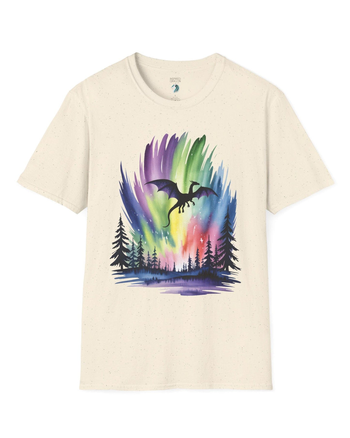 Sky of Dreams shirt in natural featuring a dragon silhouette soaring above a vibrant, colorful aurora forest scene.