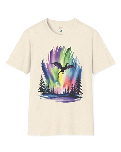 Sky of Dreams shirt in natural featuring a dragon silhouette soaring above a vibrant, colorful aurora forest scene.