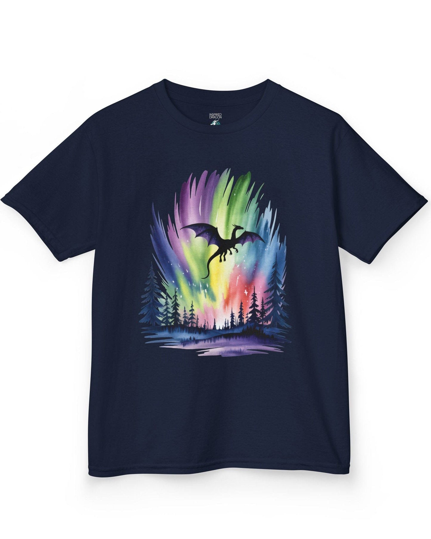 Sky of Dreams shirt in navy featuring a dragon silhouette soaring above a vibrant, colorful aurora forest scene.