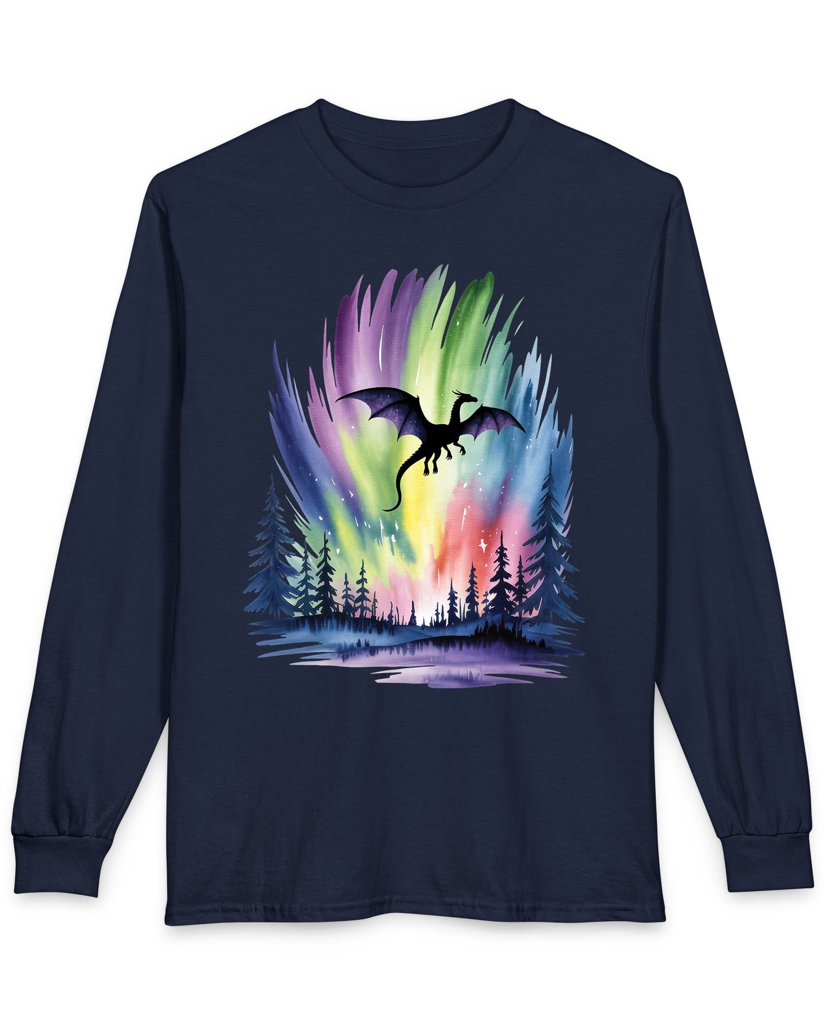 Sky of Dreams shirt in navy featuring a dragon silhouette soaring above a vibrant, colorful aurora forest scene.