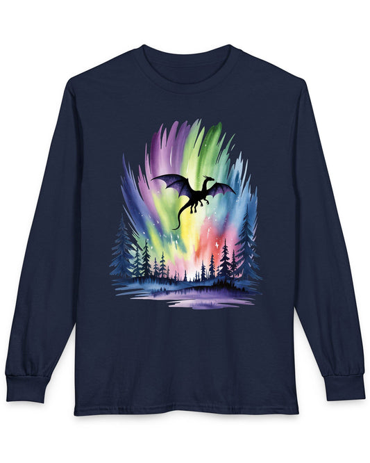Sky of Dreams shirt in navy featuring a dragon silhouette soaring above a vibrant, colorful aurora forest scene.