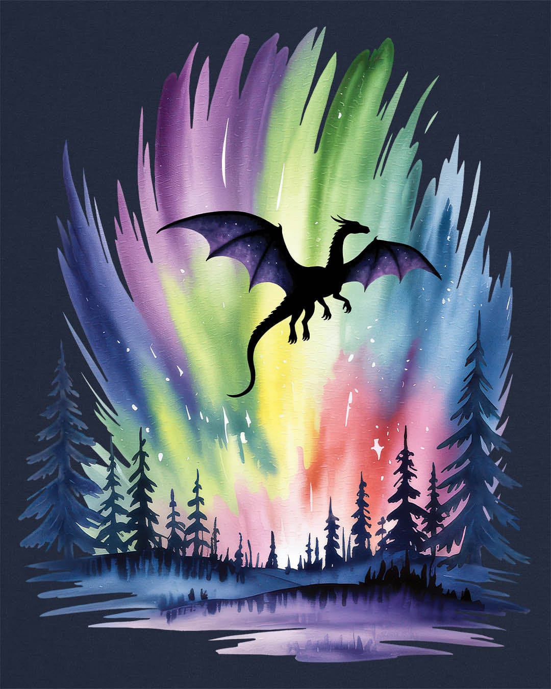 Sky of Dreams shirt in navy featuring a dragon silhouette soaring above a vibrant, colorful aurora forest scene.