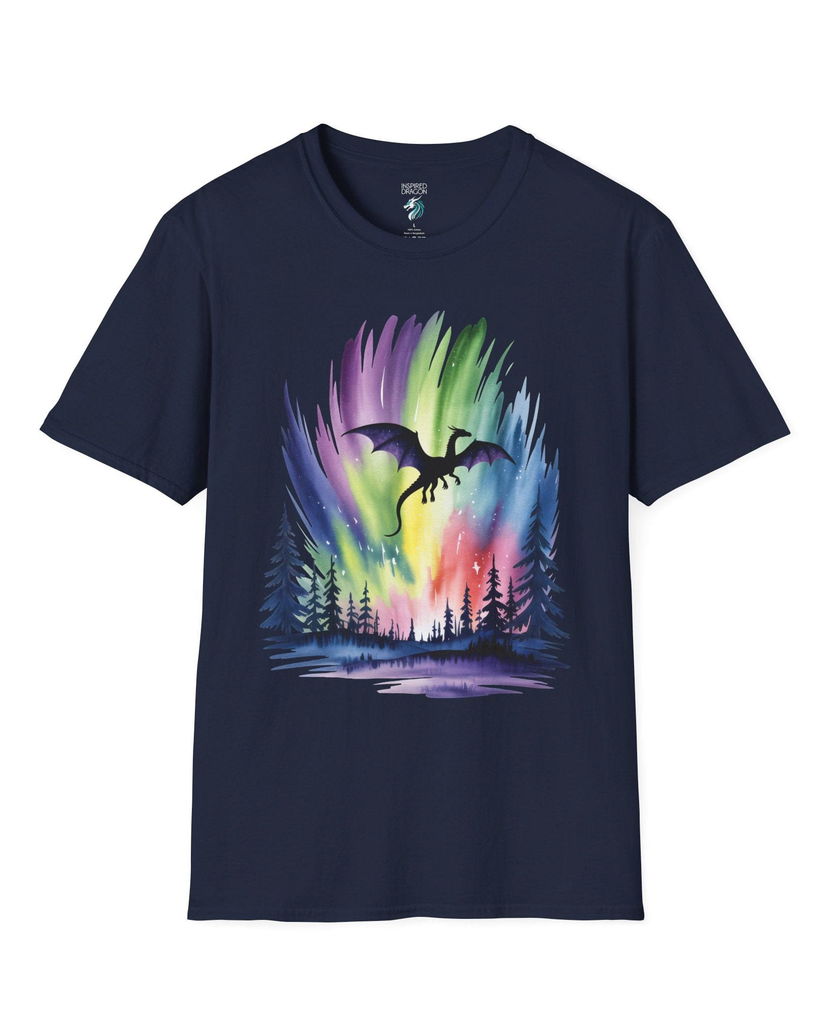 Sky of Dreams shirt in navy featuring a dragon silhouette soaring above a vibrant, colorful aurora forest scene.