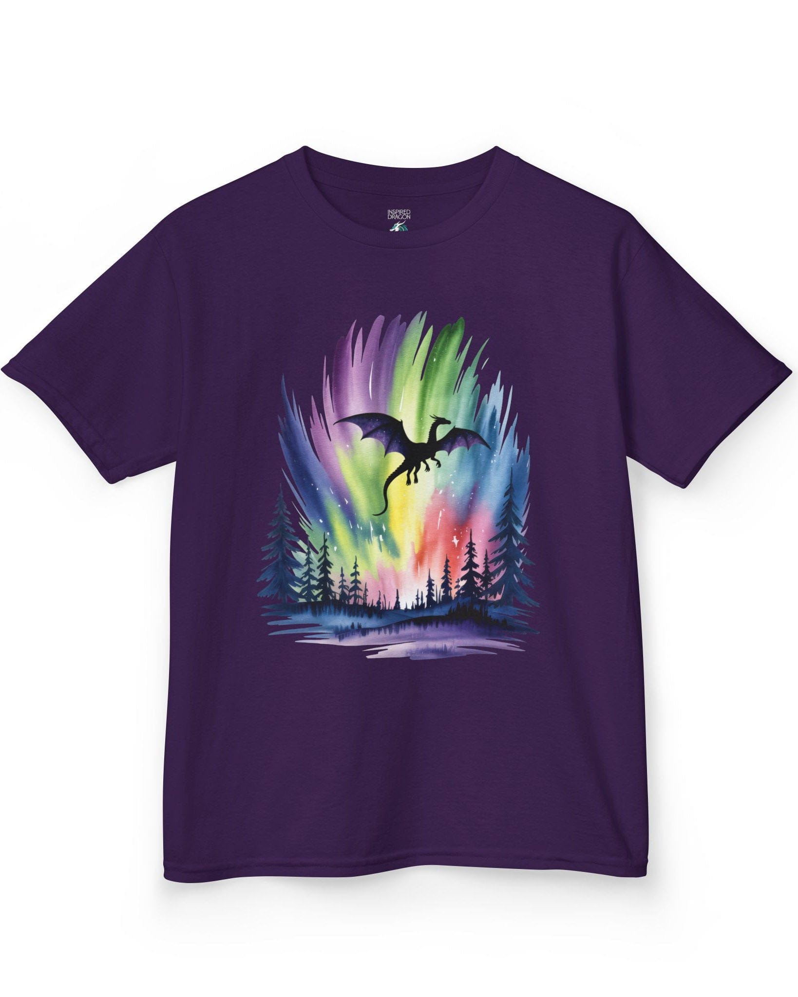 Sky of Dreams shirt in purple featuring a dragon silhouette soaring above a vibrant, colorful aurora forest scene.