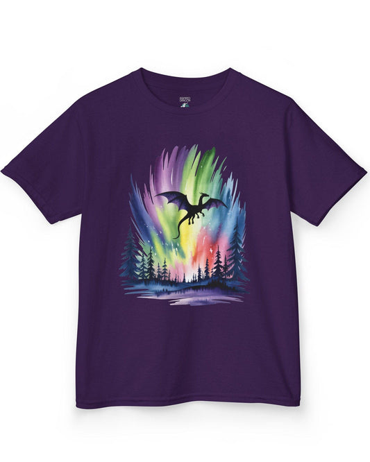 Sky of Dreams shirt in purple featuring a dragon silhouette soaring above a vibrant, colorful aurora forest scene.
