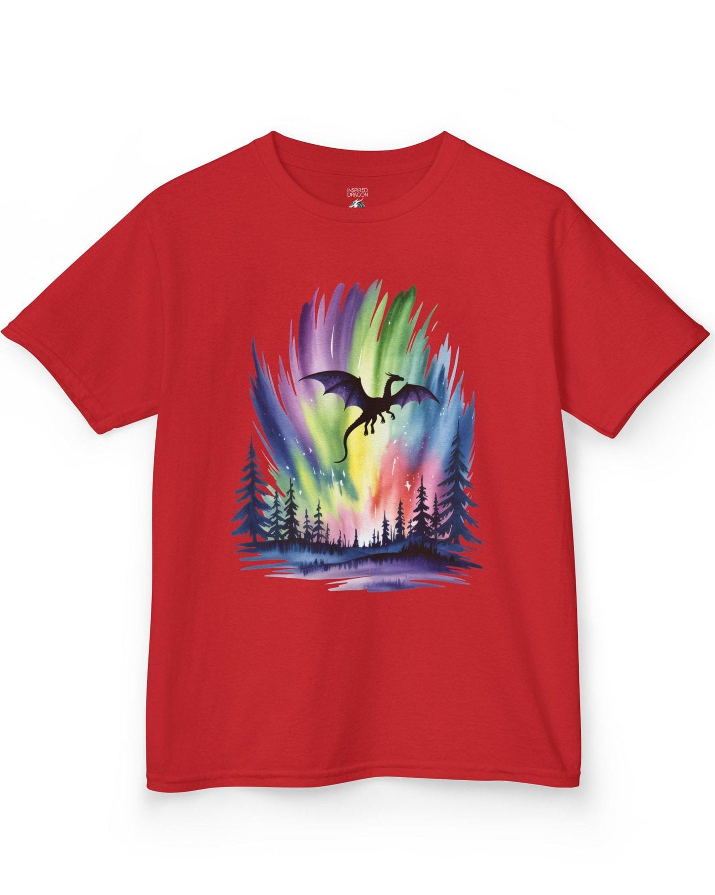Sky of Dreams shirt in red featuring a dragon silhouette soaring above a vibrant, colorful aurora forest scene.