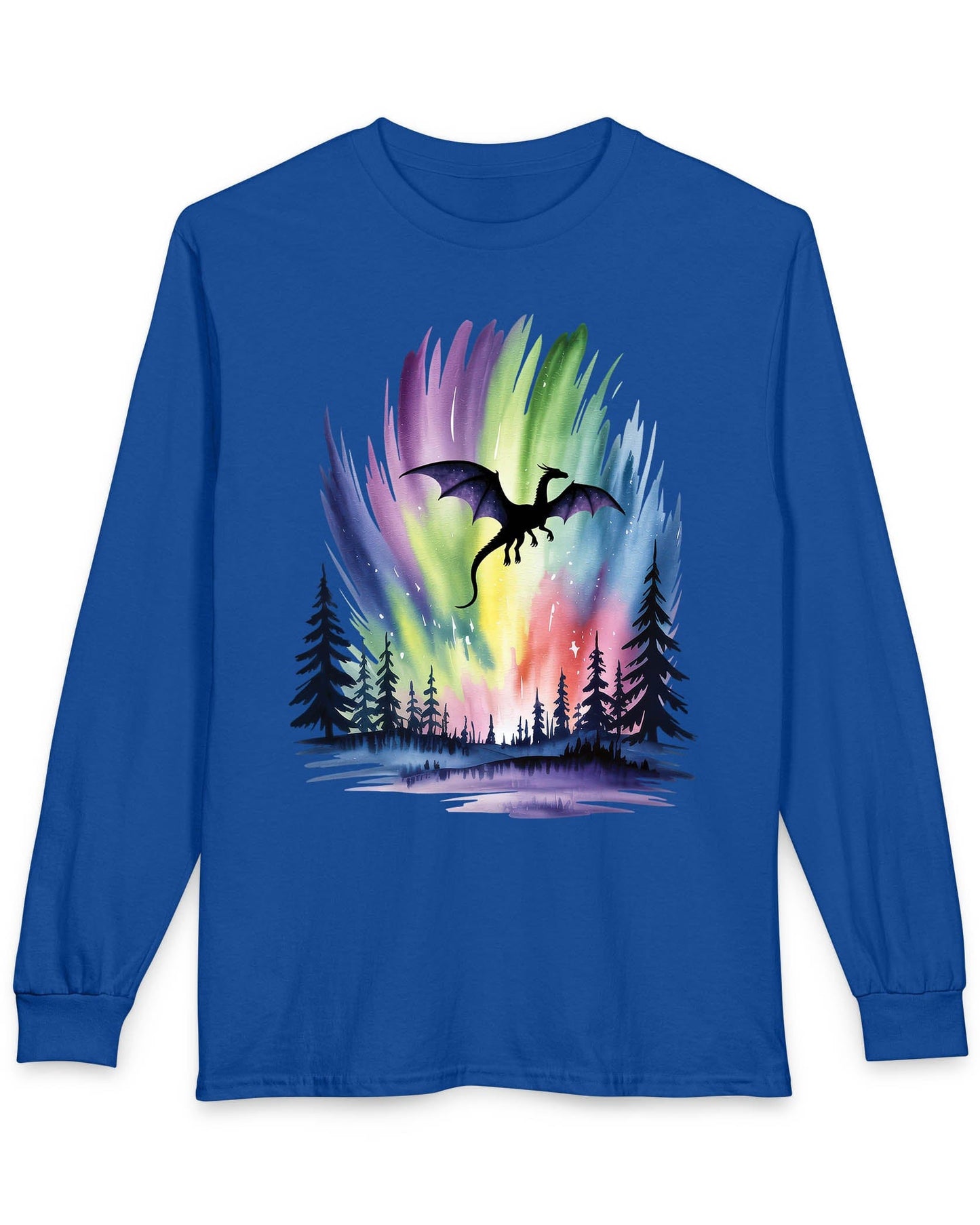 Sky of Dreams shirt in royal blue featuring a dragon silhouette soaring above a vibrant, colorful aurora forest scene.