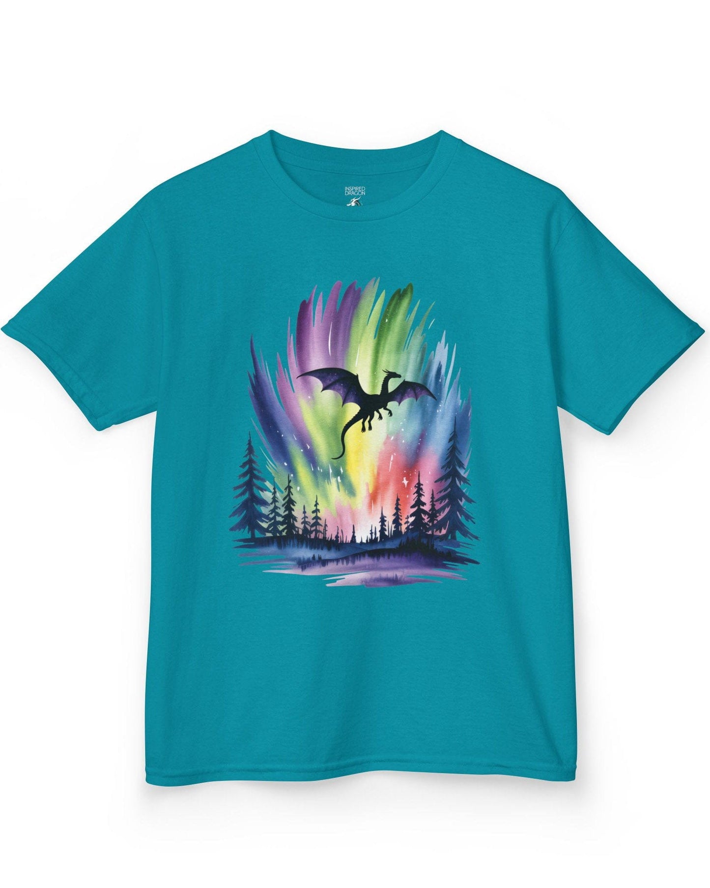 Sky of Dreams shirt in tropical blue featuring a dragon silhouette soaring above a vibrant, colorful aurora forest scene.