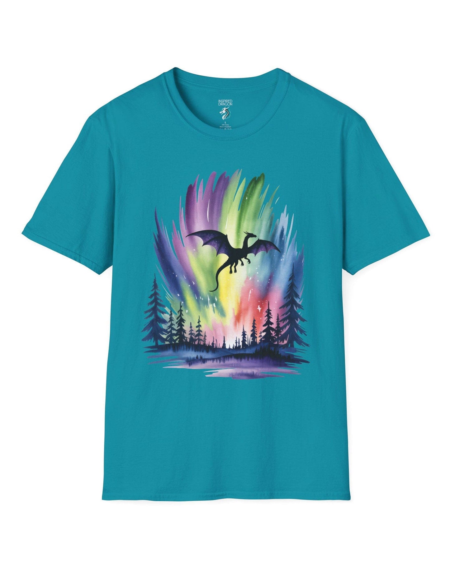 Sky of Dreams shirt in tropical blue featuring a dragon silhouette soaring above a vibrant, colorful aurora forest scene.
