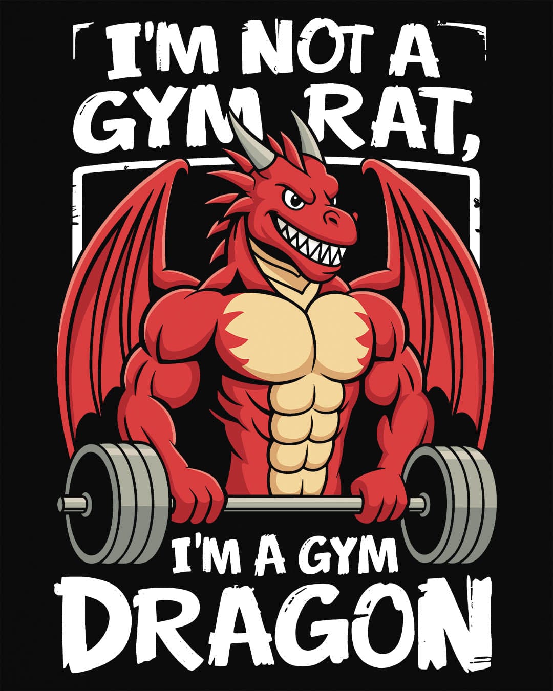Gym Dragon shirt in black featuring a flexing red dragon lifting a heavy barbell with bold, playful gym-themed art.