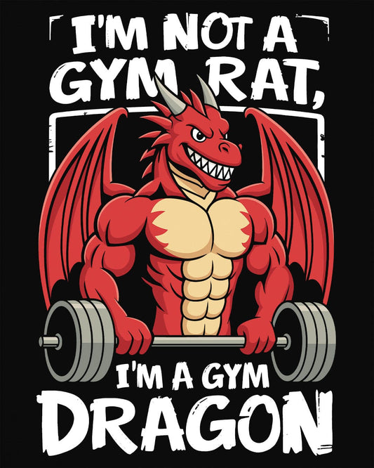 Gym Dragon shirt in black featuring a flexing red dragon lifting a heavy barbell with bold, playful gym-themed art.