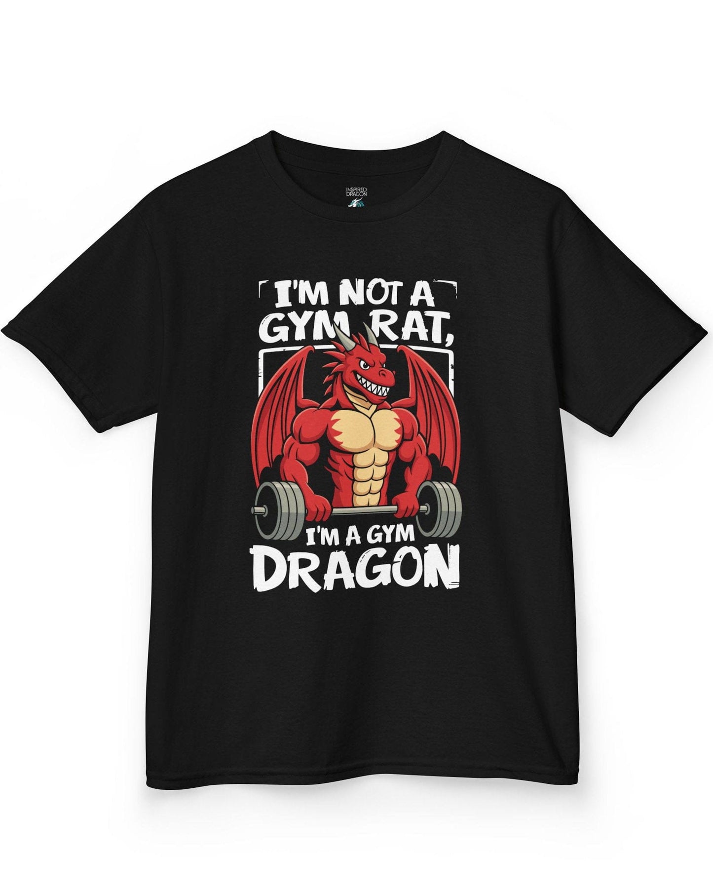 Gym Dragon shirt in black featuring a flexing red dragon lifting a heavy barbell with bold, playful gym-themed art.