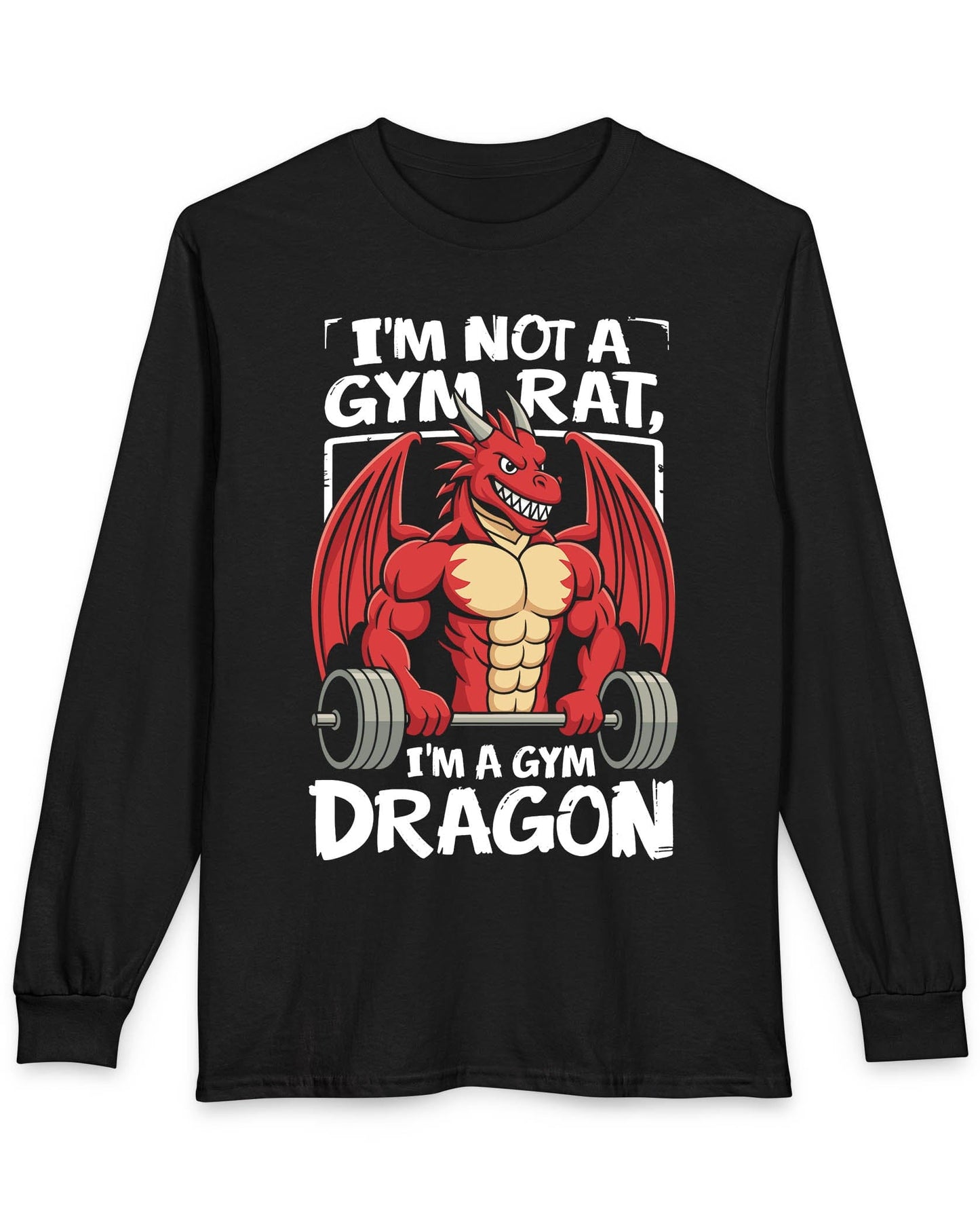 Gym Dragon shirt in black featuring a flexing red dragon lifting a heavy barbell with bold, playful gym-themed art