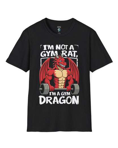 Gym Dragon shirt in black featuring a flexing red dragon lifting a heavy barbell with bold, playful gym-themed art.