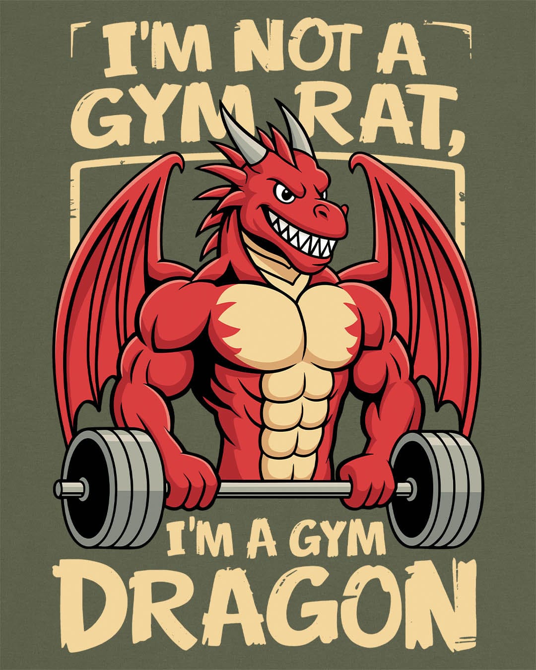Gym Dragon shirt in military green featuring a flexing red dragon lifting a heavy barbell with bold, playful gym-themed art.