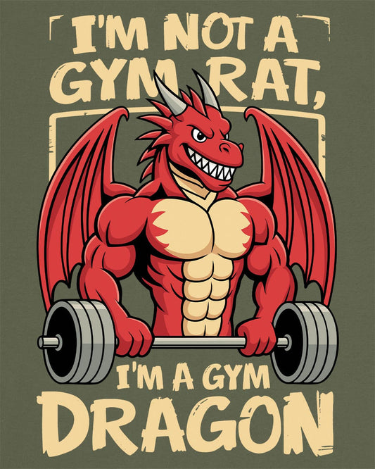 Gym Dragon shirt in military green featuring a flexing red dragon lifting a heavy barbell with bold, playful gym-themed art.