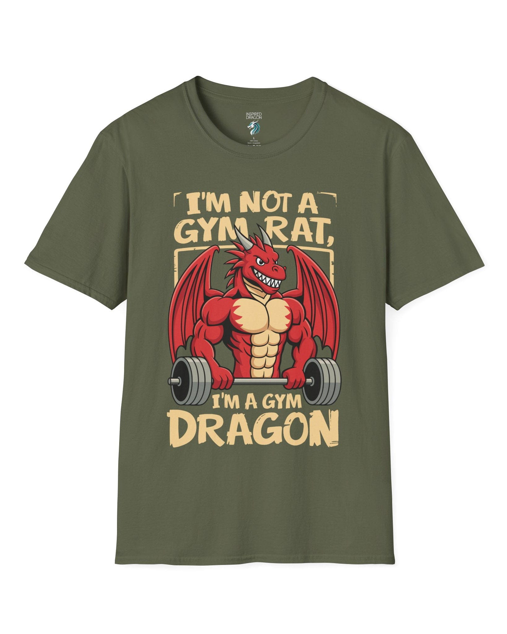 Gym Dragon shirt in military green featuring a flexing red dragon lifting a heavy barbell with bold, playful gym-themed art.