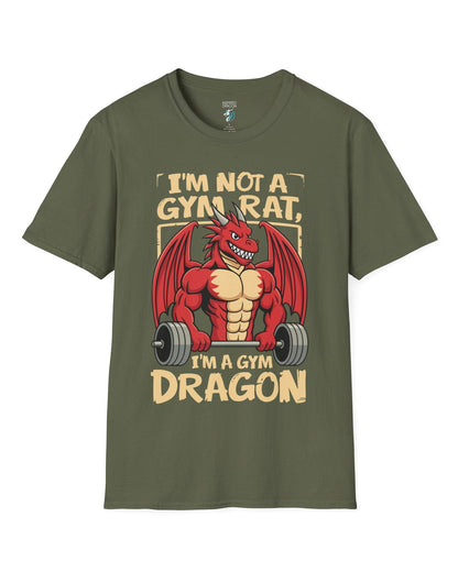 Gym Dragon shirt in military green featuring a flexing red dragon lifting a heavy barbell with bold, playful gym-themed art.