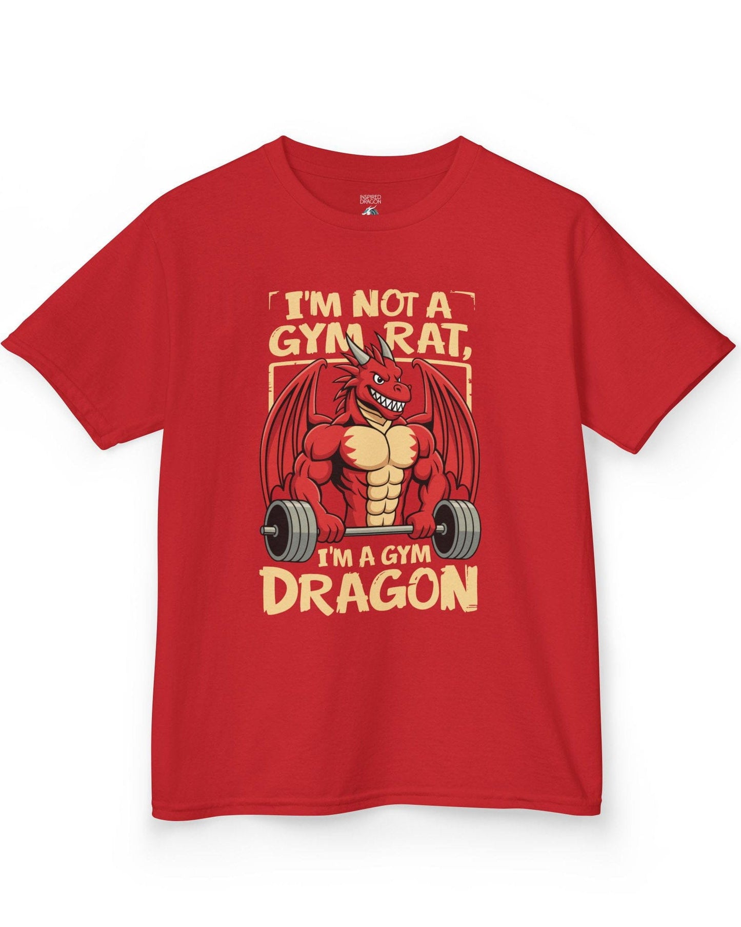 Gym Dragon shirt in red featuring a flexing red dragon lifting a heavy barbell with bold, playful gym-themed art.