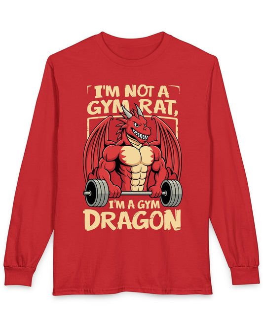 Gym Dragon shirt in red featuring a flexing red dragon lifting a heavy barbell with bold, playful gym-themed art