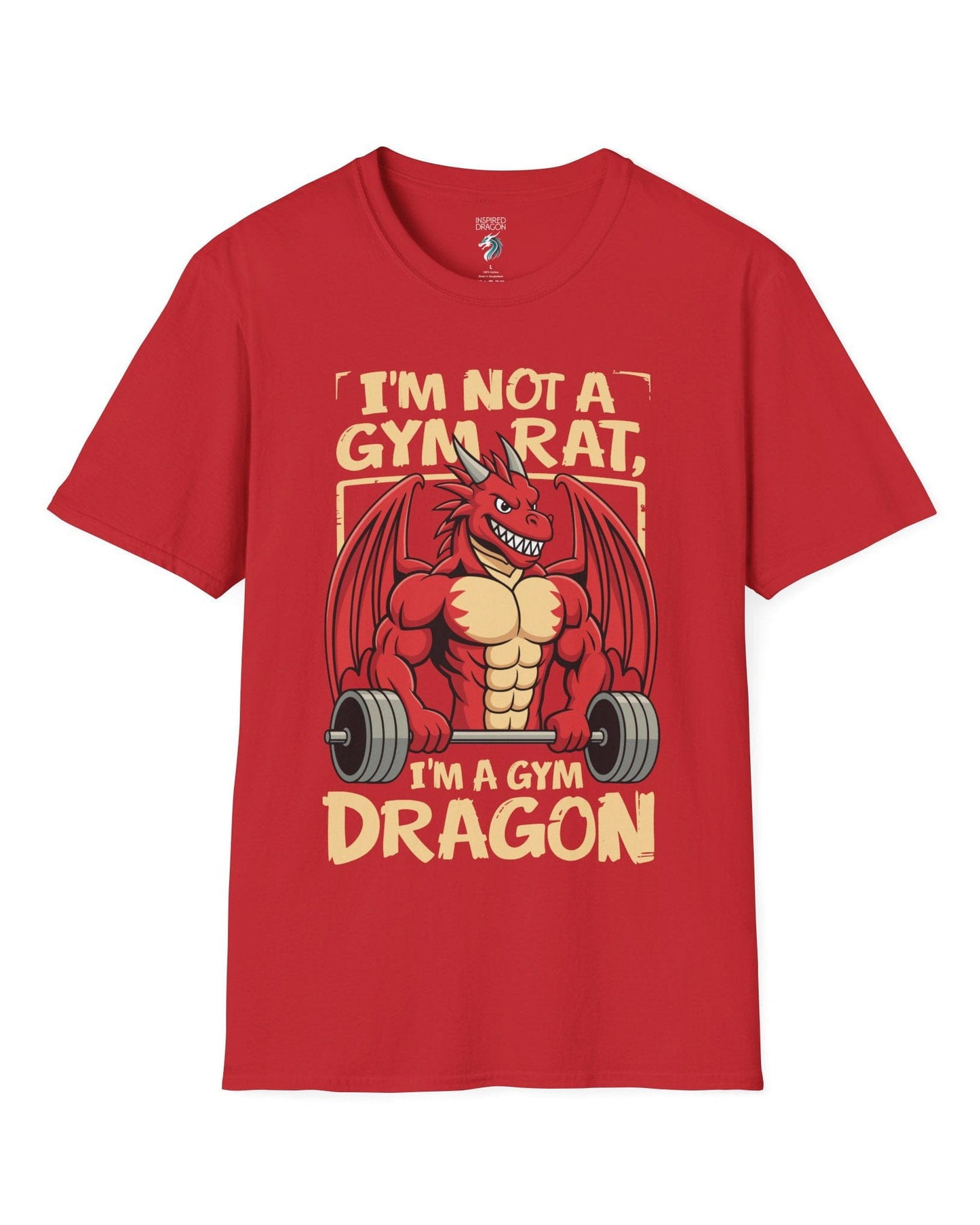 Gym Dragon shirt in red featuring a flexing red dragon lifting a heavy barbell with bold, playful gym-themed art.