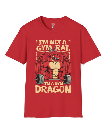 Gym Dragon shirt in red featuring a flexing red dragon lifting a heavy barbell with bold, playful gym-themed art.