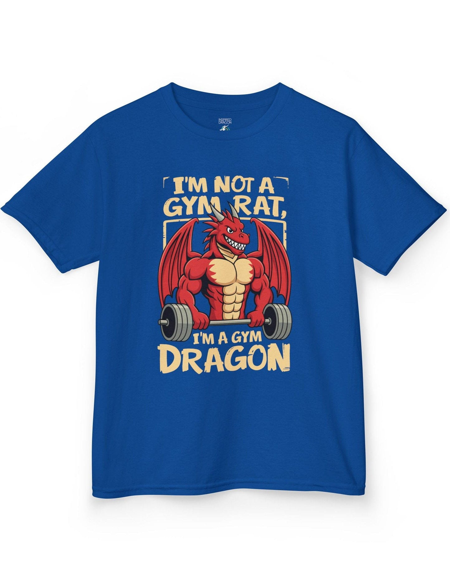 Gym Dragon shirt in royal blue featuring a flexing red dragon lifting a heavy barbell with bold, playful gym-themed art.