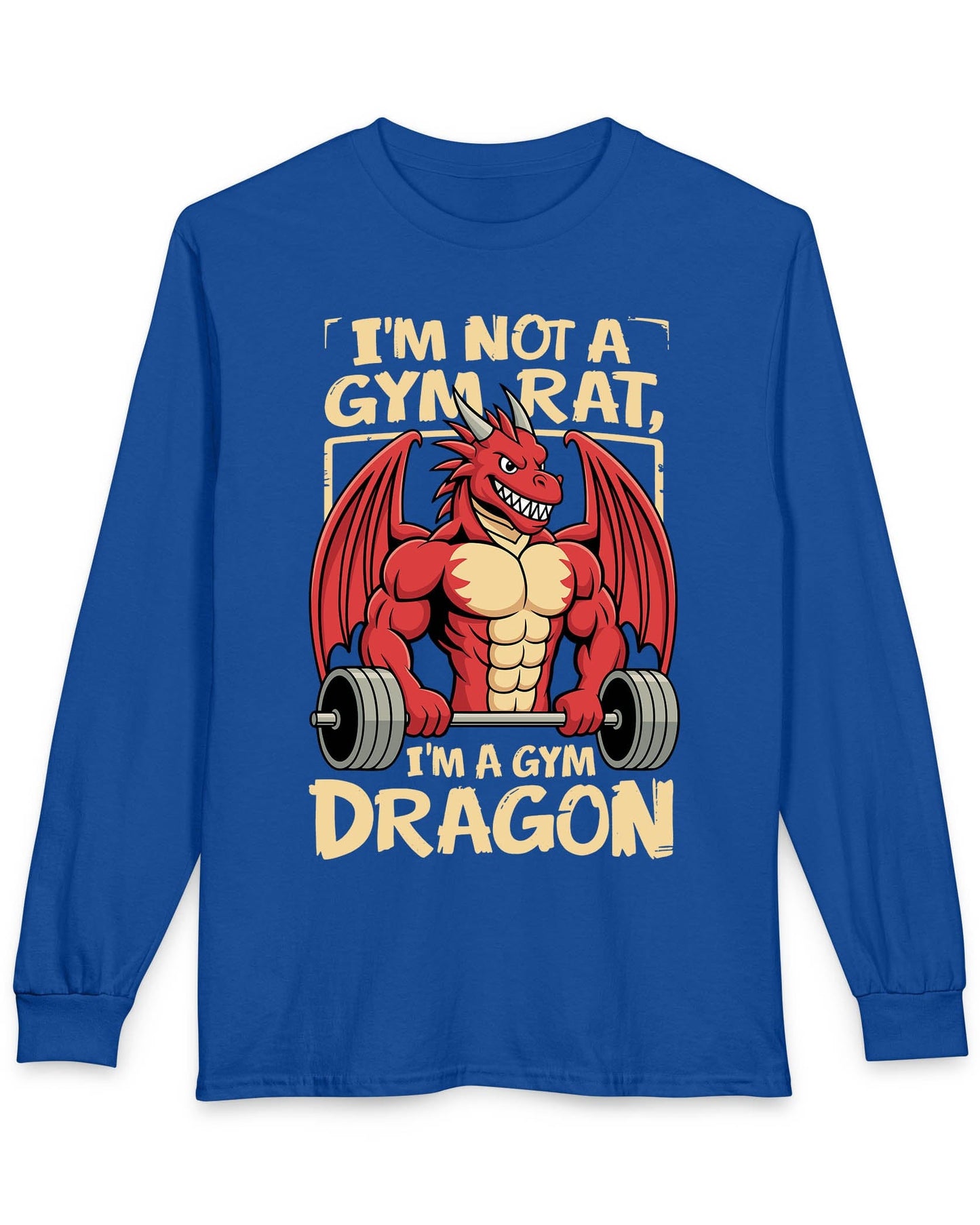 Gym Dragon shirt in royal blue featuring a flexing red dragon lifting a heavy barbell with bold, playful gym-themed art