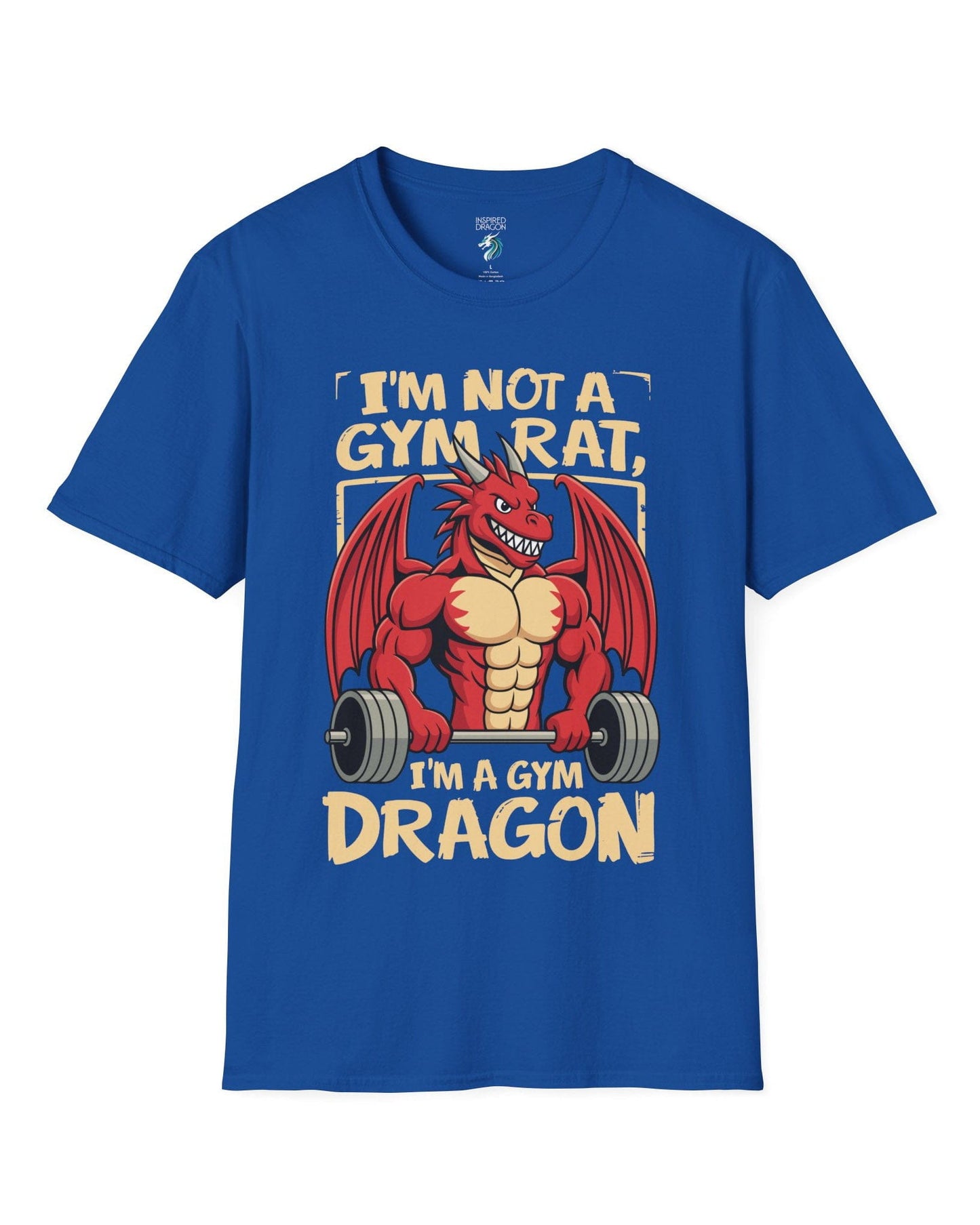 Gym Dragon shirt in royal blue featuring a flexing red dragon lifting a heavy barbell with bold, playful gym-themed art.