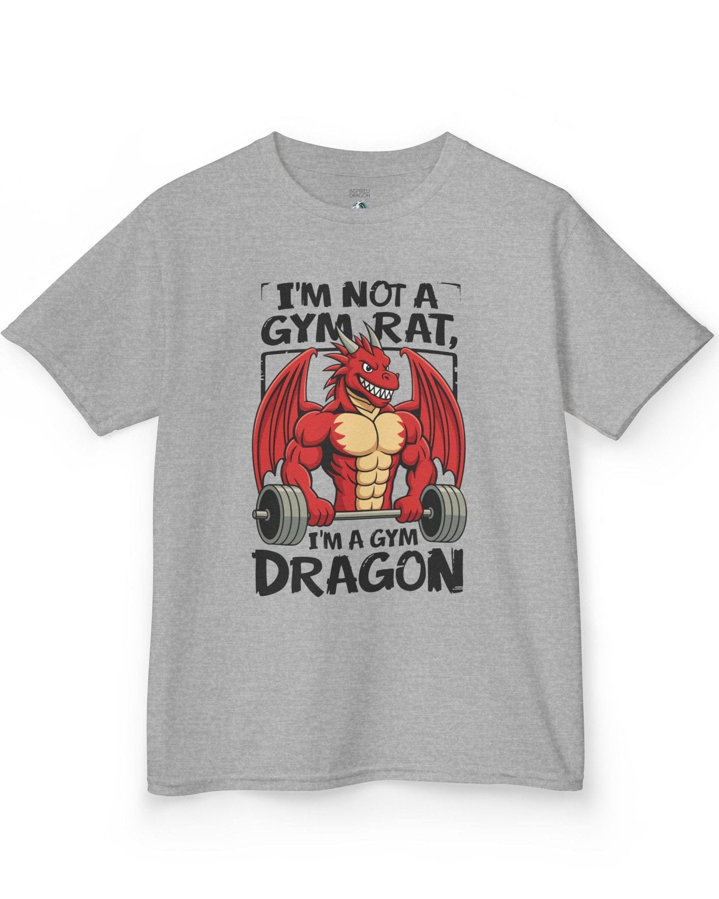 Gym Dragon shirt in sport grey featuring a flexing red dragon lifting a heavy barbell with bold, playful gym-themed art.