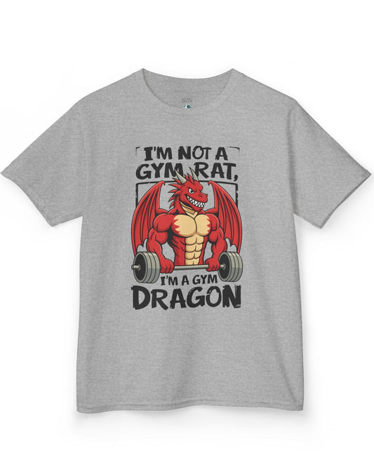 Gym Dragon shirt in sport grey featuring a flexing red dragon lifting a heavy barbell with bold, playful gym-themed art.