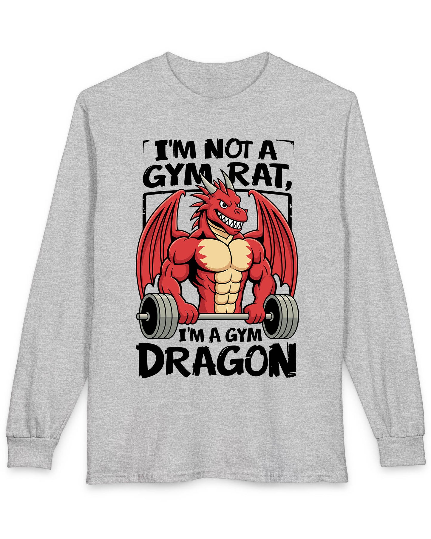 Gym Dragon shirt in sport grey featuring a flexing red dragon lifting a heavy barbell with bold, playful gym-themed art