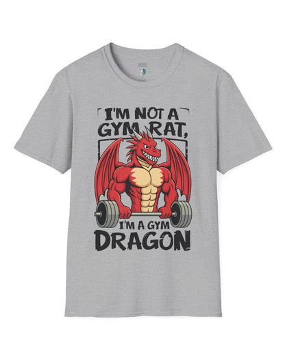 Gym Dragon shirt in sport grey featuring a flexing red dragon lifting a heavy barbell with bold, playful gym-themed art.
