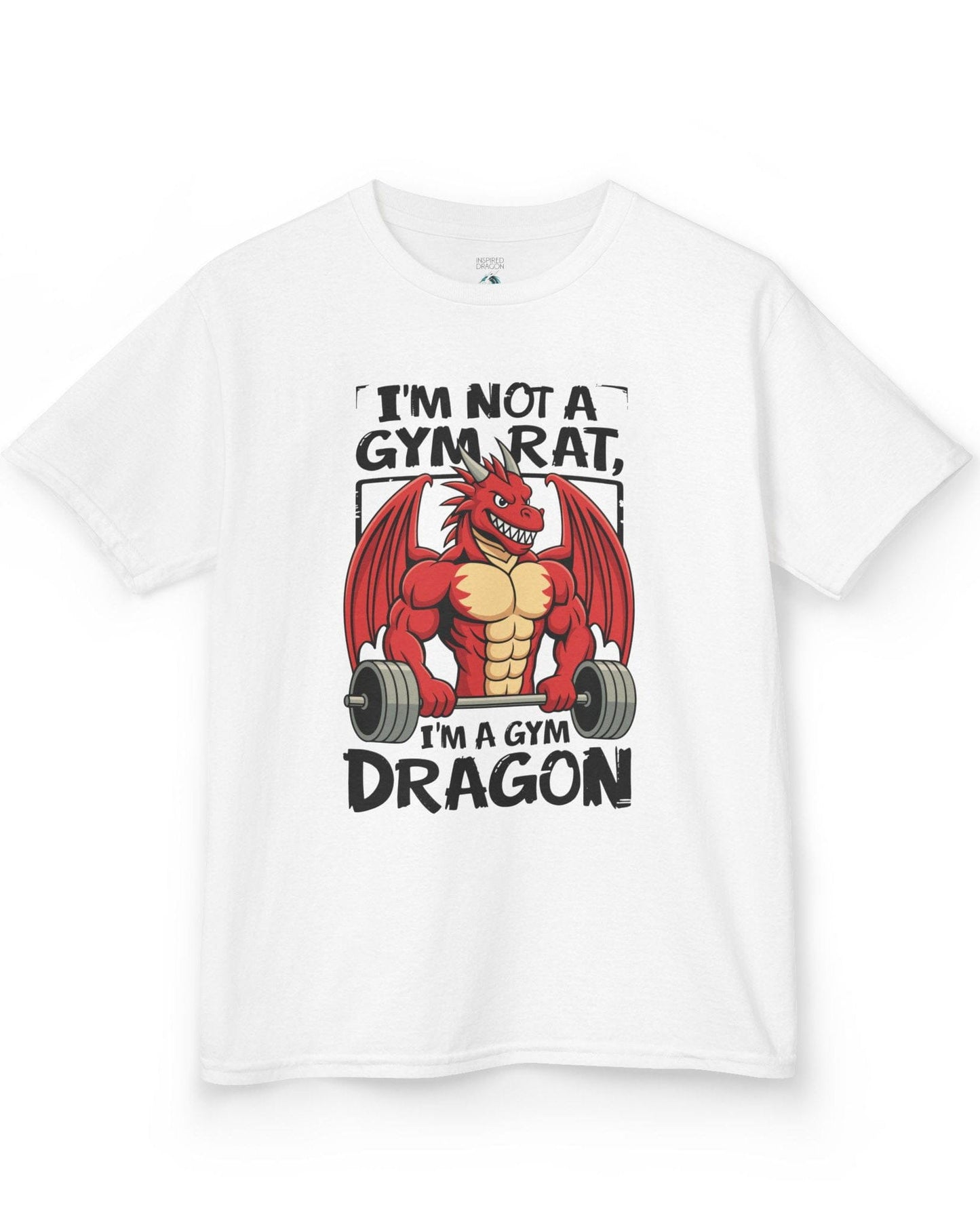 Gym Dragon shirt in white featuring a flexing red dragon lifting a heavy barbell with bold, playful gym-themed art.