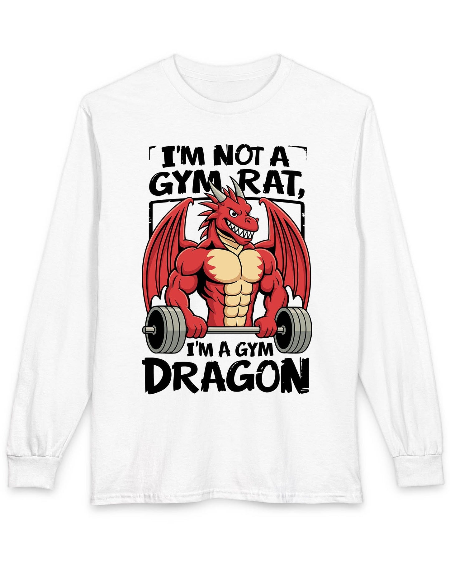 Gym Dragon shirt in white featuring a flexing red dragon lifting a heavy barbell with bold, playful gym-themed art
