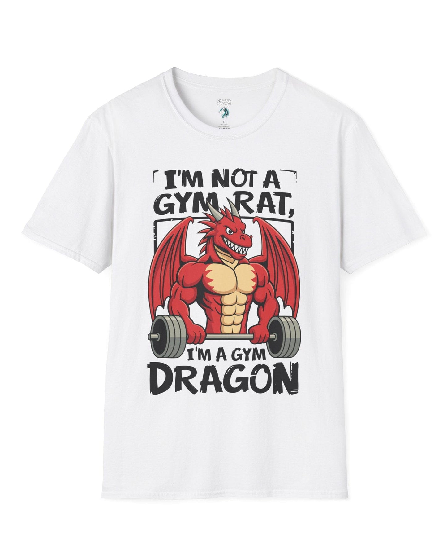 Gym Dragon shirt in white featuring a flexing red dragon lifting a heavy barbell with bold, playful gym-themed art.