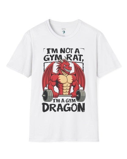 Gym Dragon shirt in white featuring a flexing red dragon lifting a heavy barbell with bold, playful gym-themed art.
