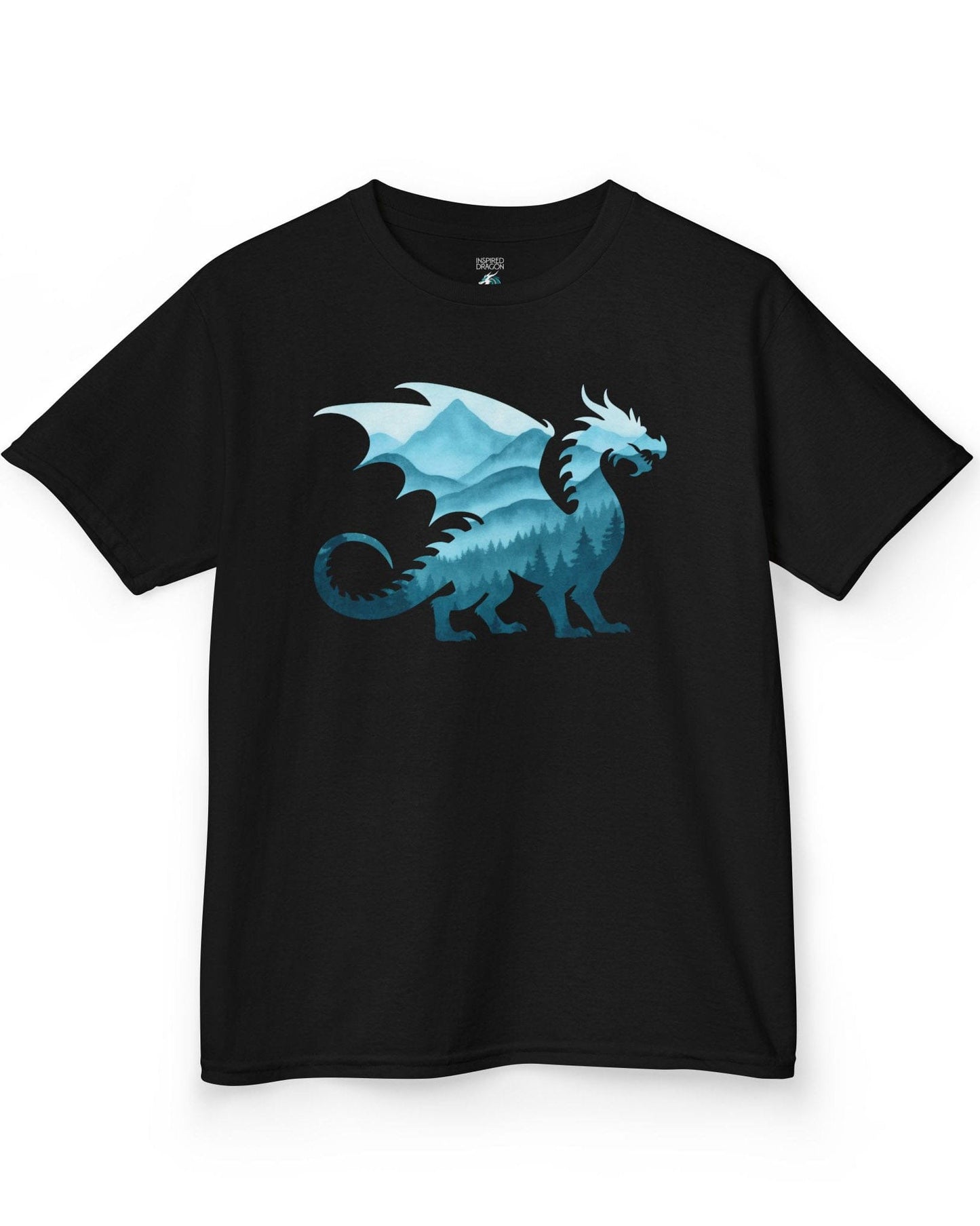 Spirit of the Mists shirt in black featuring a dragon silhouette filled with misty blue mountains and forests.